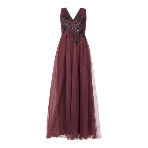 BCBG MAXAZRIA SLEEVELESS WINE TULLE FLORAL LACE APPLIQUÉ FLOOR LENGTH GOWN *NWT* - Picture 12 of 15